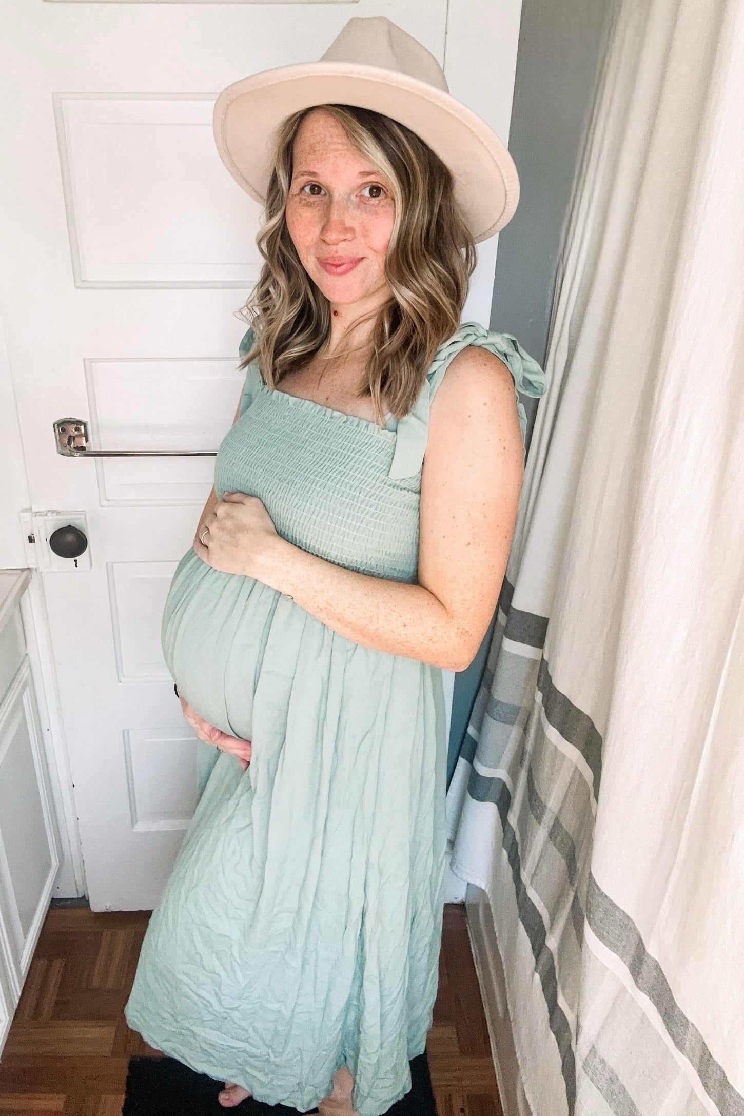 Mint Green Smocked Tie Strap Maternity Midi Dress – PinkBlush