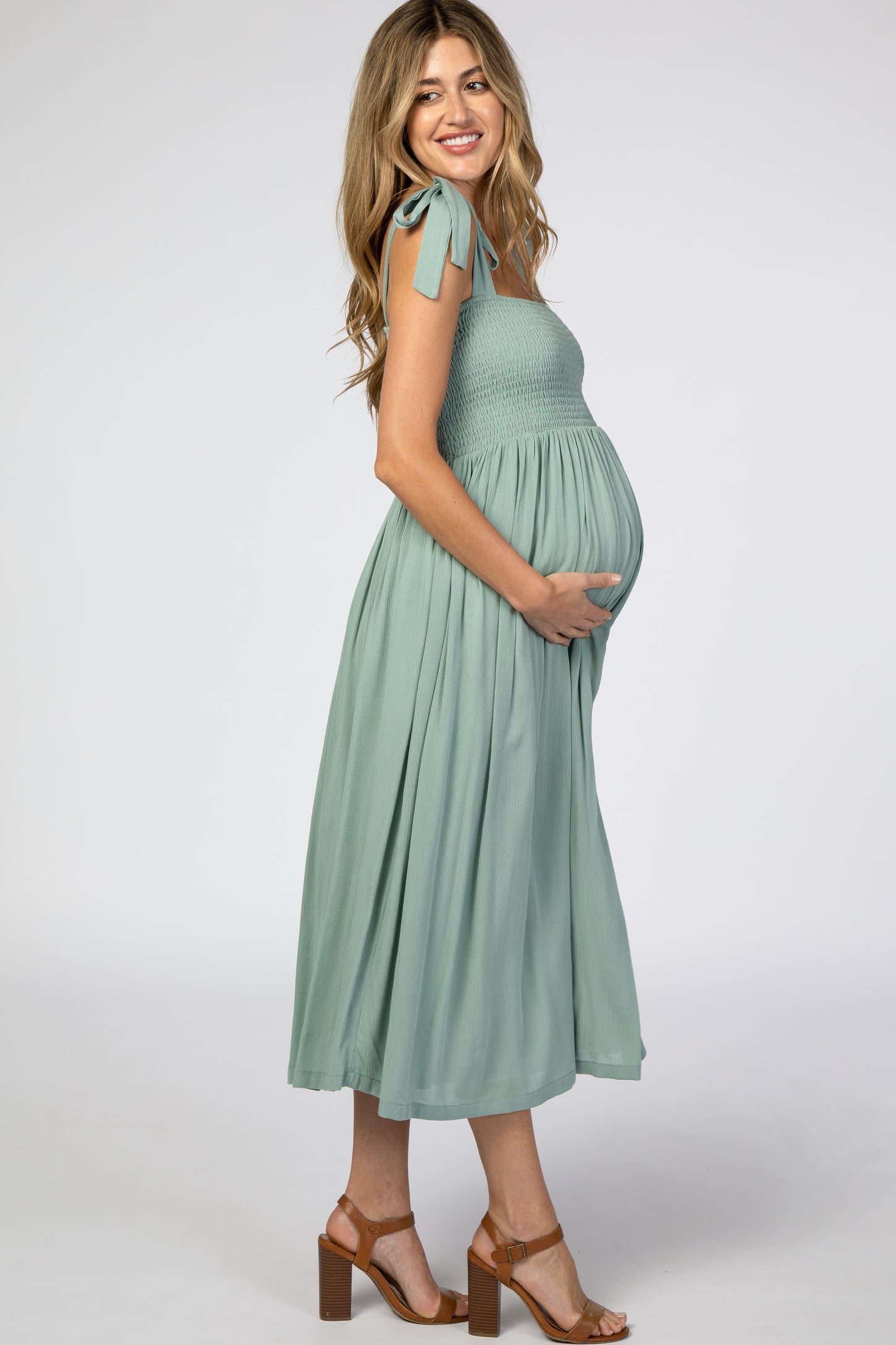 Pinkblush Mint Green Smocked Tie Strap Maternity Midi Dress Large