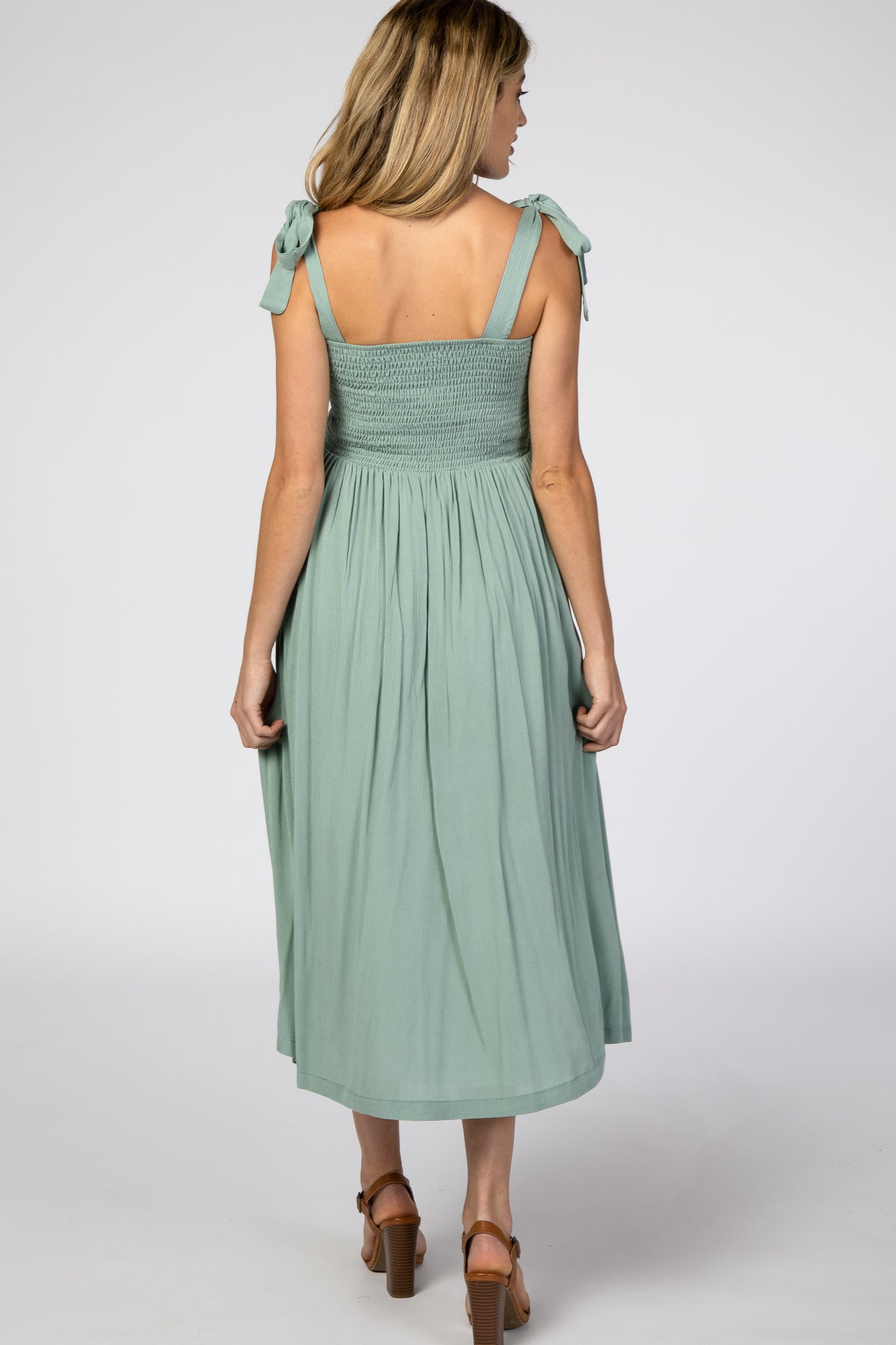 Mint Green Smocked Tie Strap Maternity Midi Dress – PinkBlush