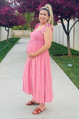 Pink Smocked Tie Strap Maternity Midi Dress