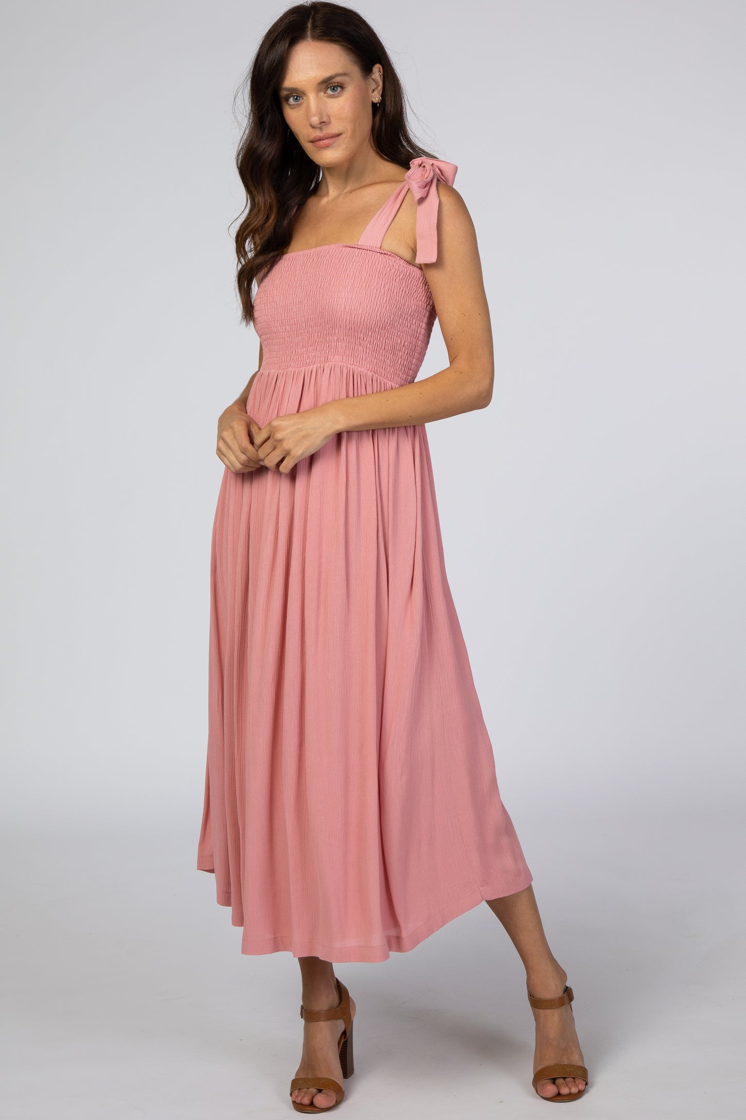Pink Smocked Tie Strap Maternity Midi Dress
