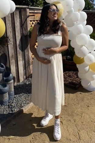 Beige Smocked Tie Strap Maternity Midi Dress