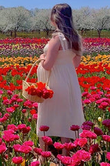 Beige Smocked Tie Strap Maternity Midi Dress