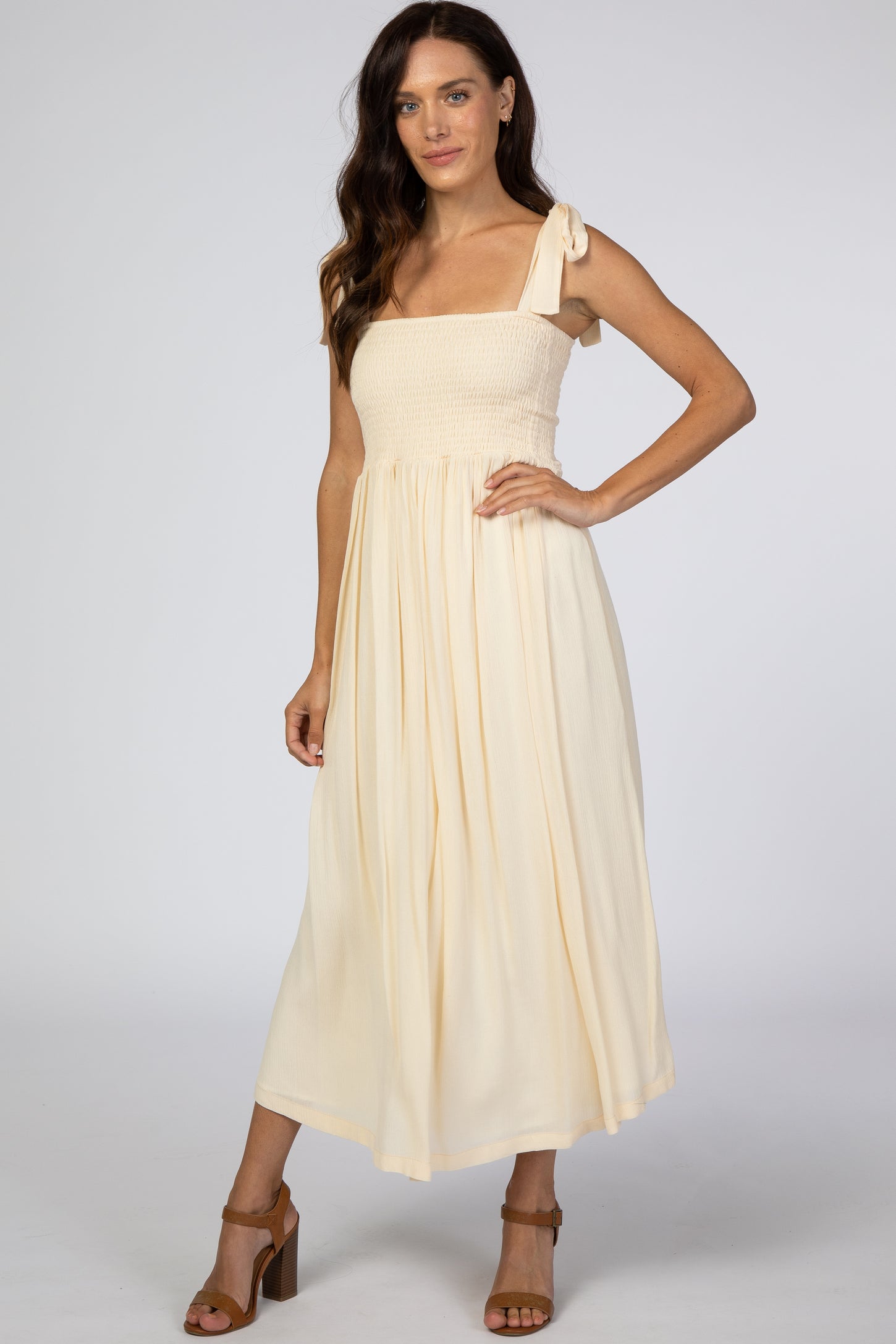 Pinkblush Beige Smocked Tie Strap Maternity Midi Dress Large