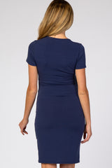 Navy Knit Wrap Fitted Maternity/Nursing Dress