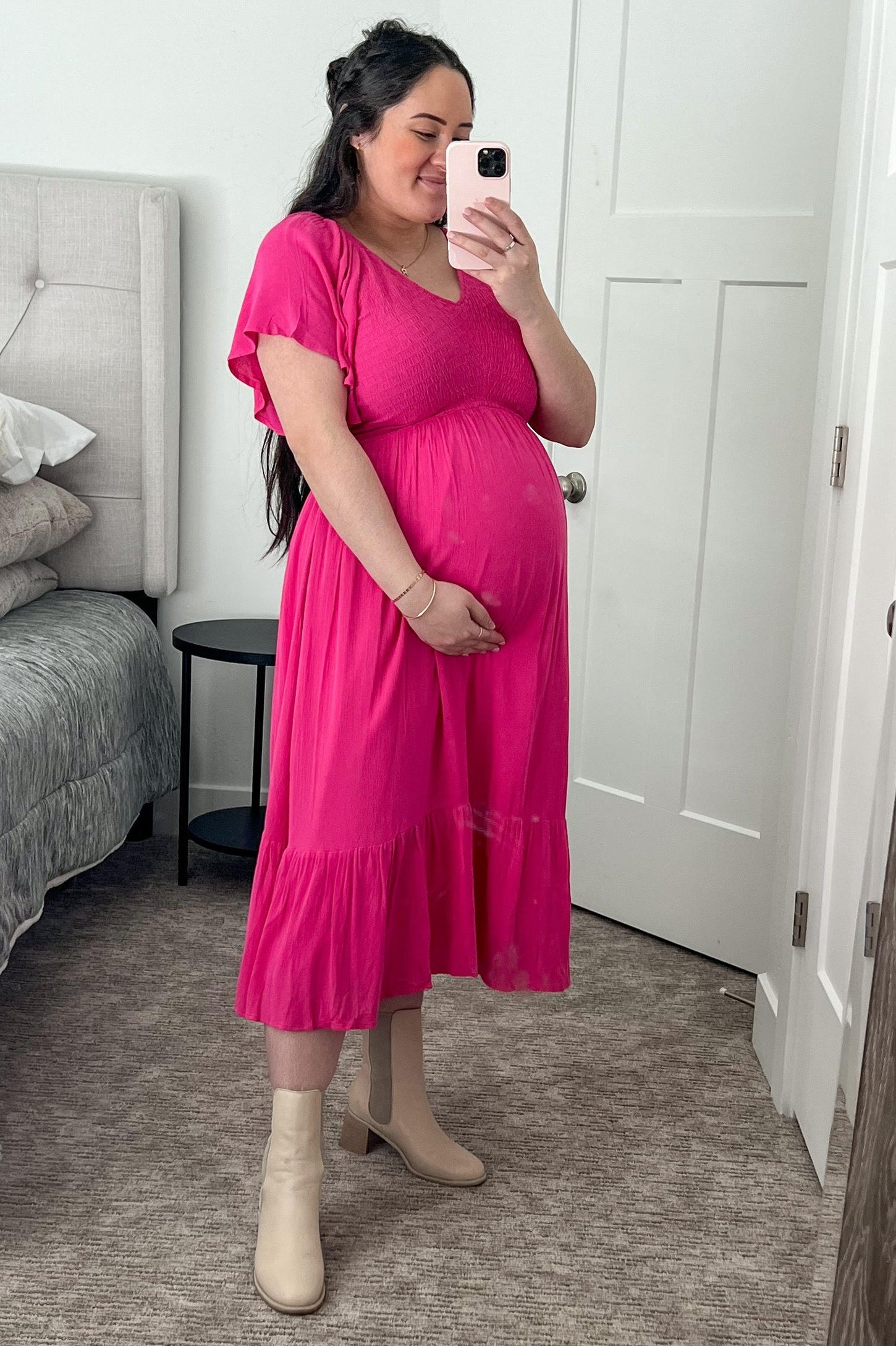 Fuchsia Smocked Ruffle Maternity Dress PinkBlush Fuchsia Smocked Ruffle Maternity Dress PinkBlush