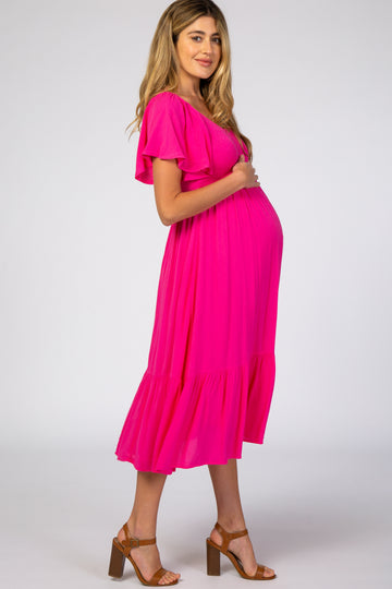 Fuchsia Smocked Ruffle Maternity Dress