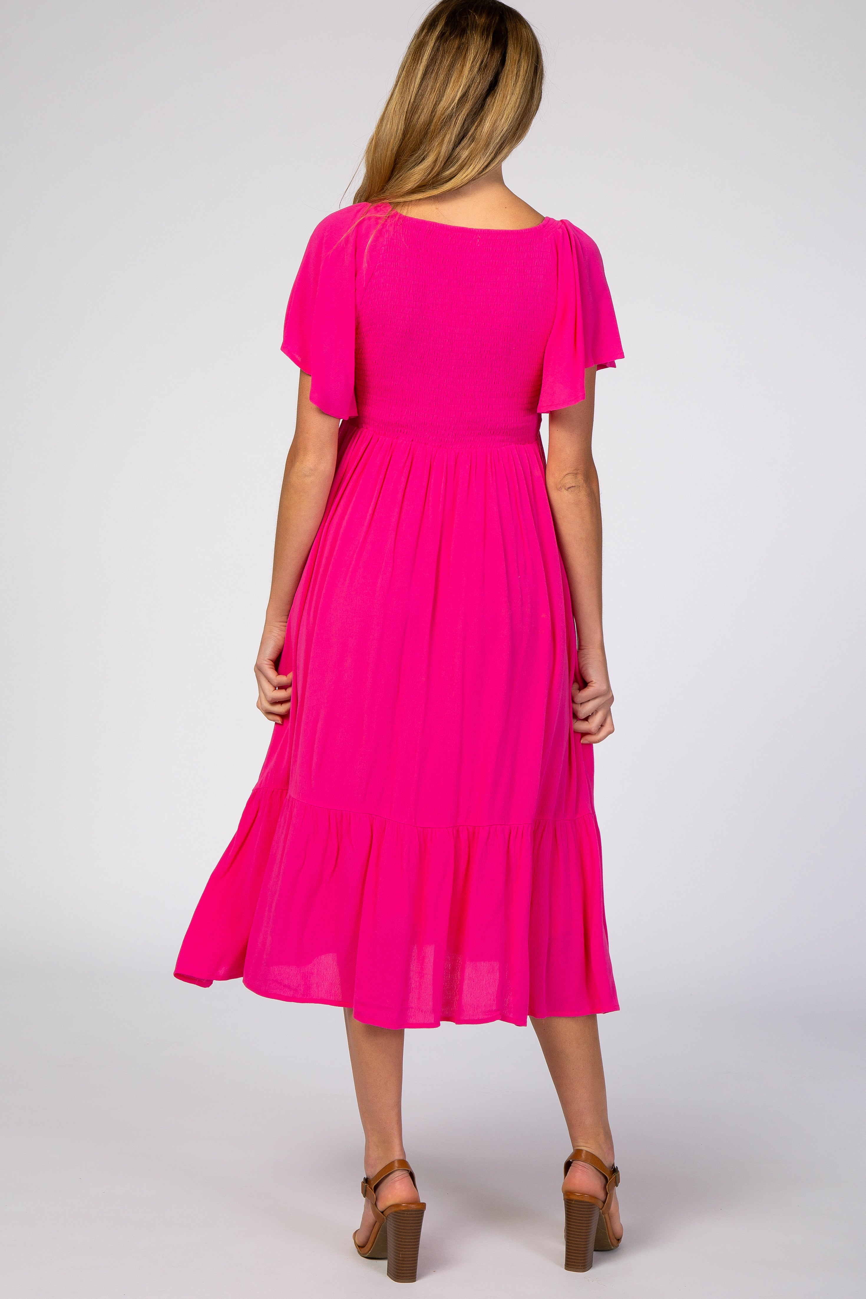 hot pink maternity bridesmaid dresses PinkBlush Fuchsia Smocked Ruffle Dress Small Color:VIntage Mauve 100% Polyester Gentle cycle Beige Striped Knit Mini truefit:root:whimsy-halter-top-black