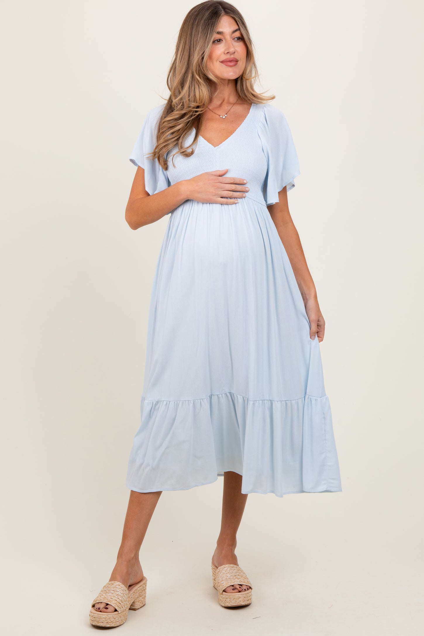 Light Blue Smocked Ruffle Maternity Dress Medium