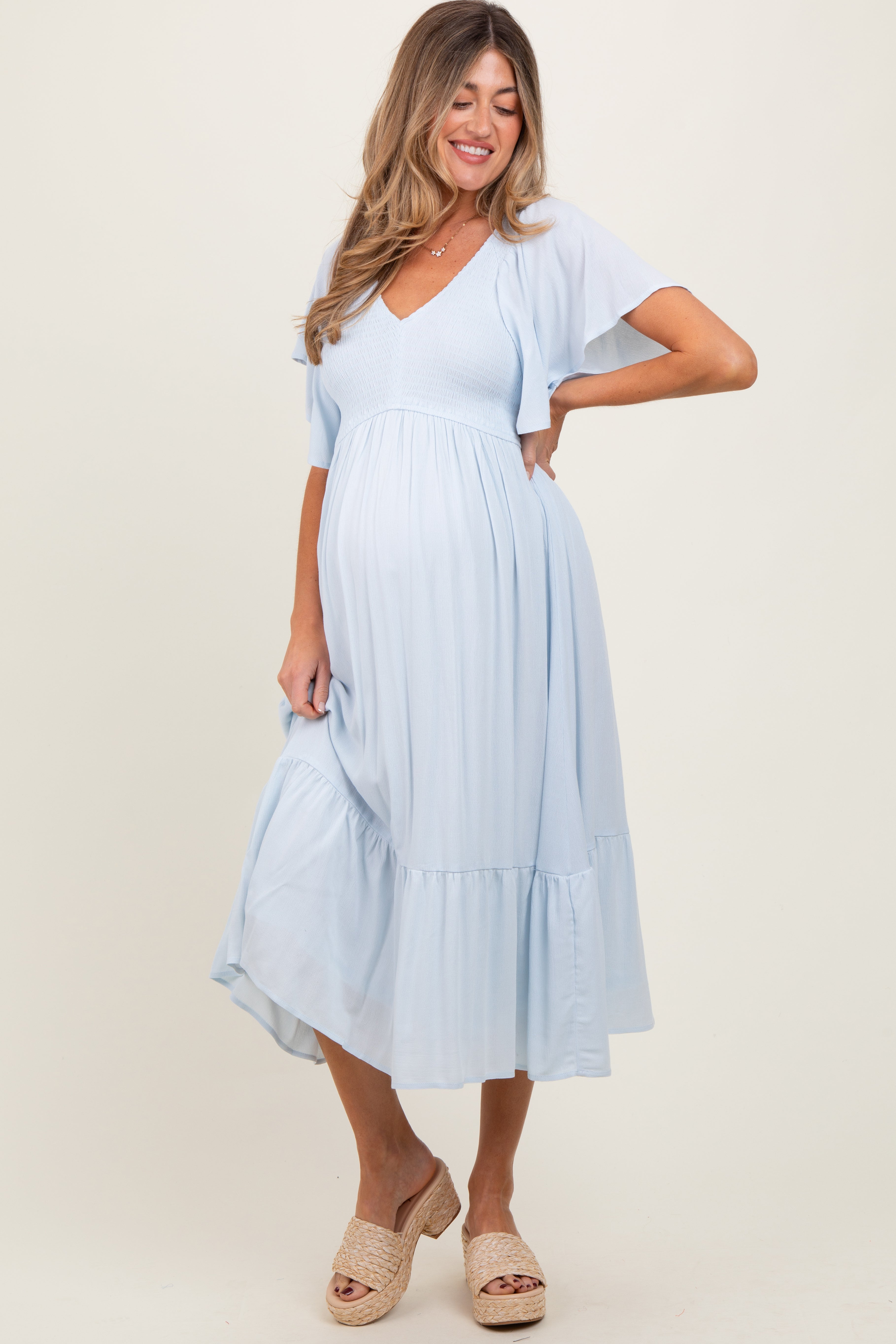 Light Blue Smocked Ruffle Maternity Dress Medium