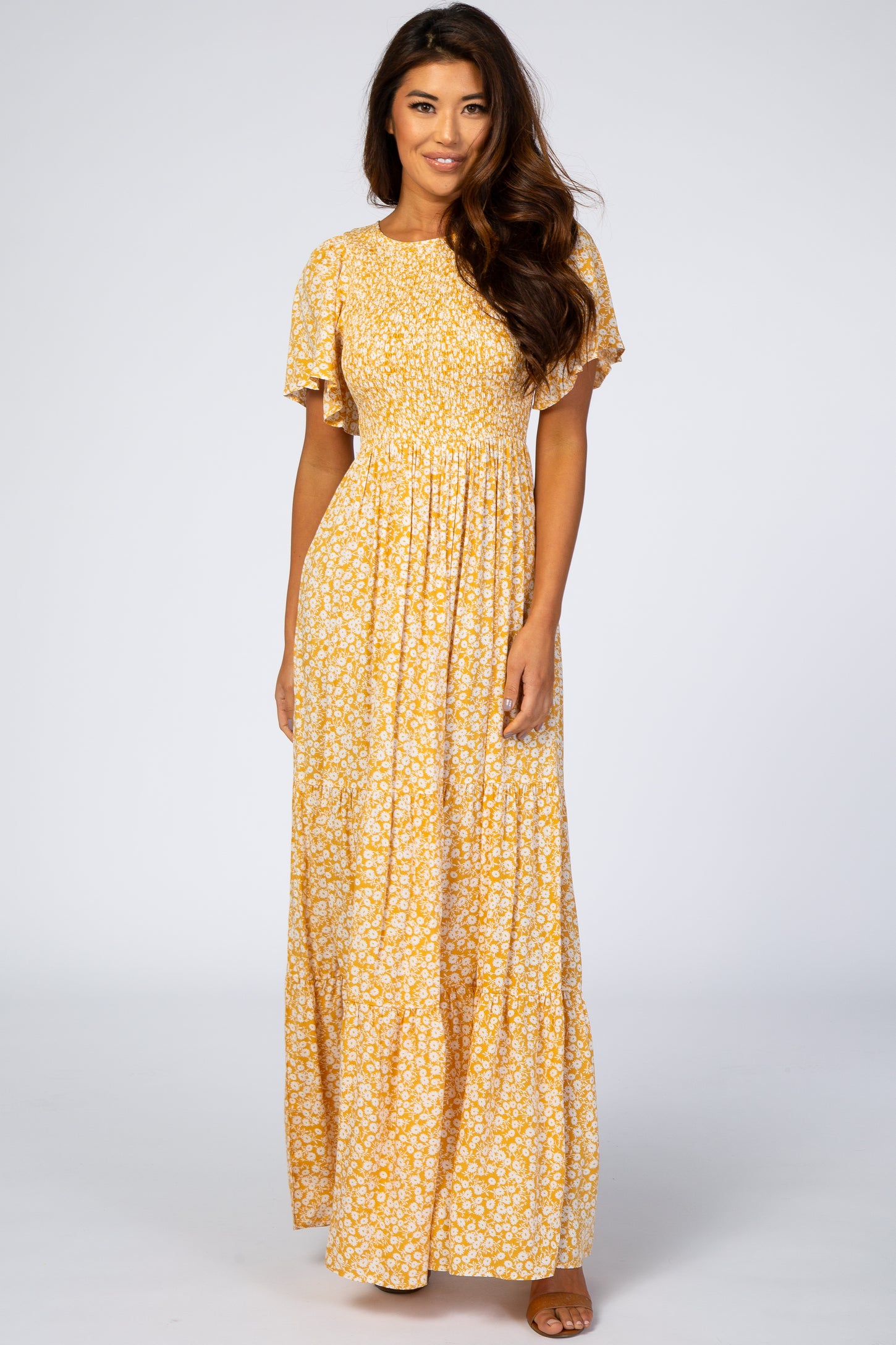 Yellow Floral Smocked Front Pleated Hem Maternity Maxi Dress Small