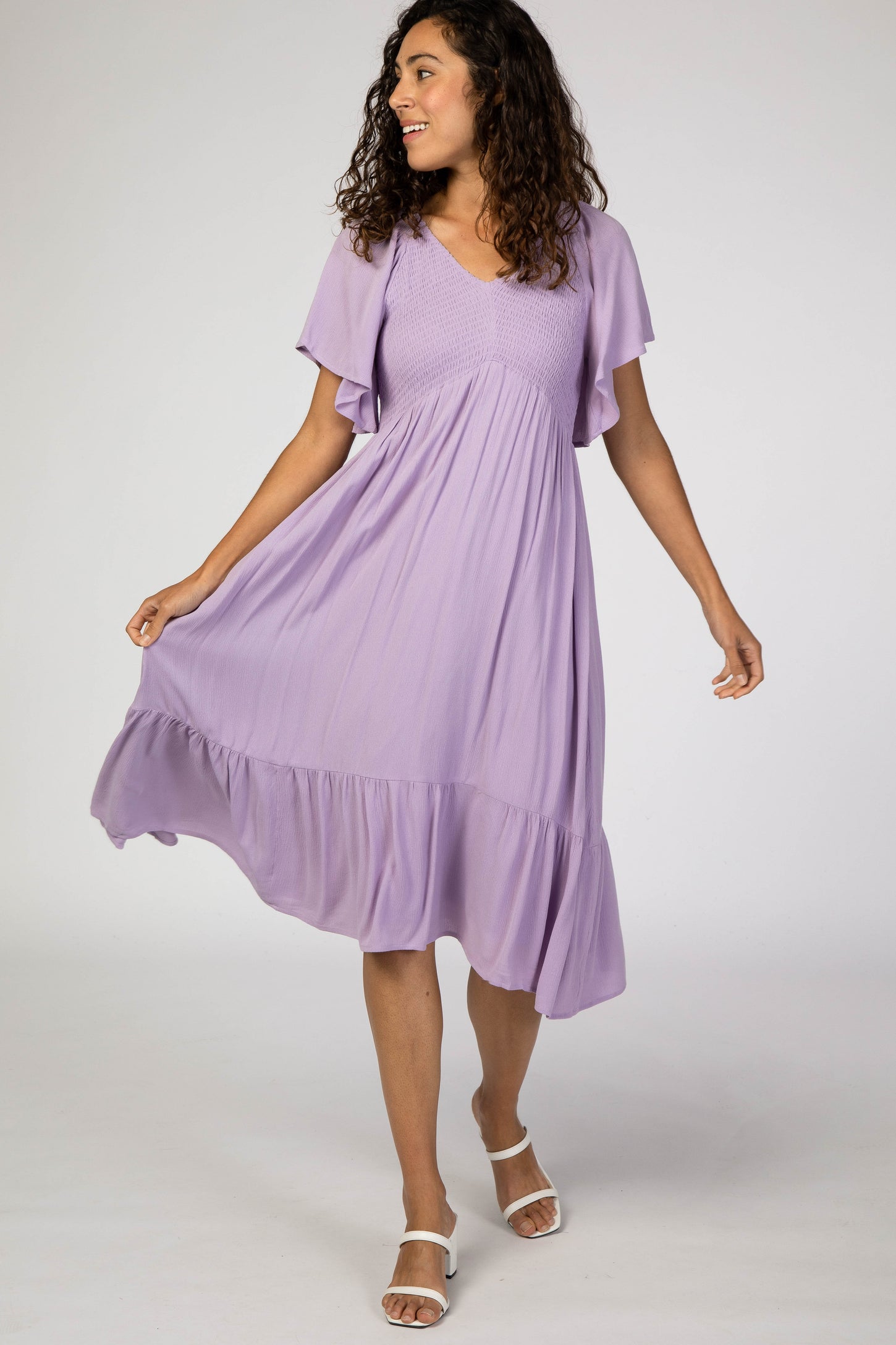 Pinkblush Lavender Smocked Ruffle Maternity Dress Medium