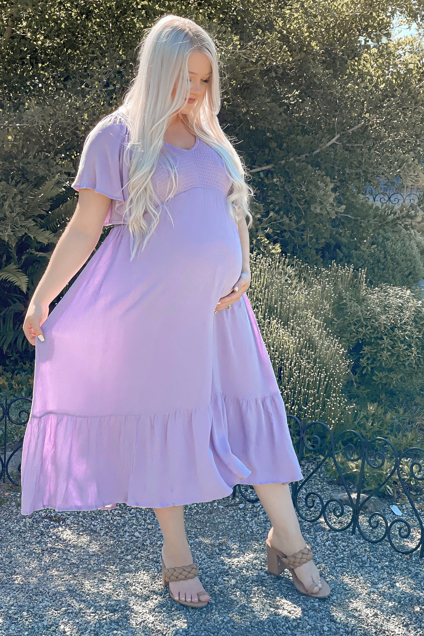 Pinkblush Lavender Smocked Ruffle Maternity Dress Medium