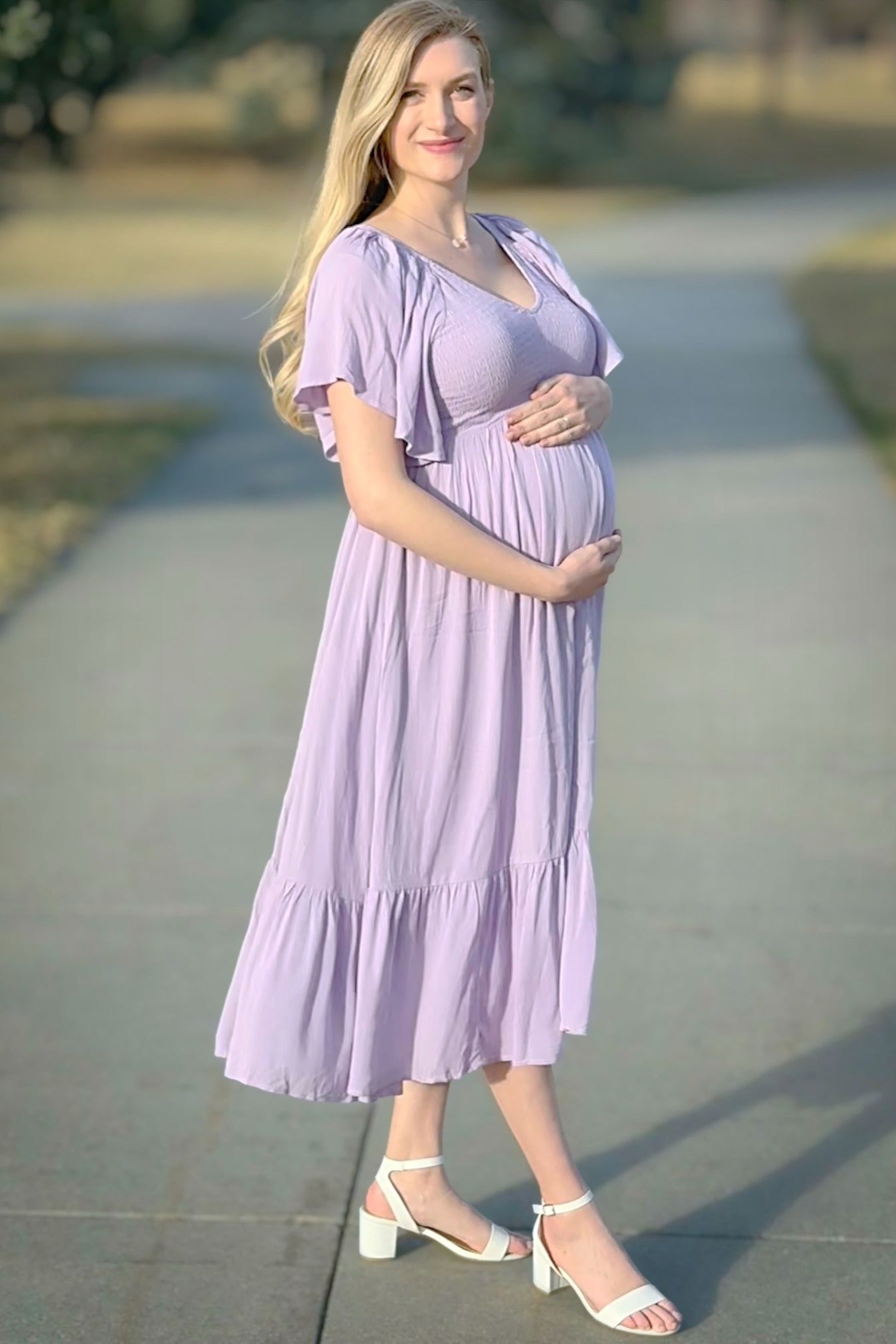 Pinkblush Lavender Smocked Ruffle Maternity Dress Small