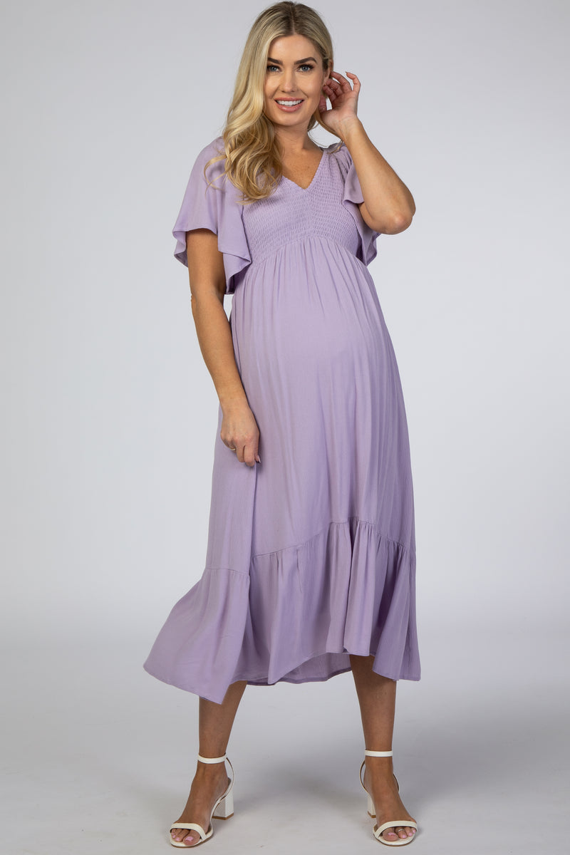 lavender lace maternity dress Lavender Lace V-Neck Puff Sleeve Maternity Maxi Dress PinkBlush