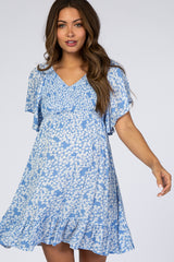 Blue Floral Smocked Ruffle Maternity Dress