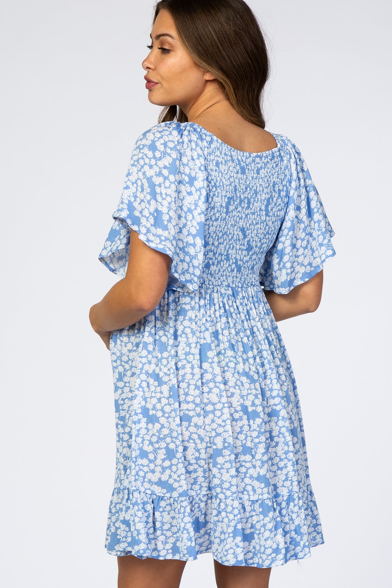 Blue Floral Smocked Ruffle Maternity Dress PinkBlush Blue Floral Smocked Ruffle Maternity Dress PinkBlush
