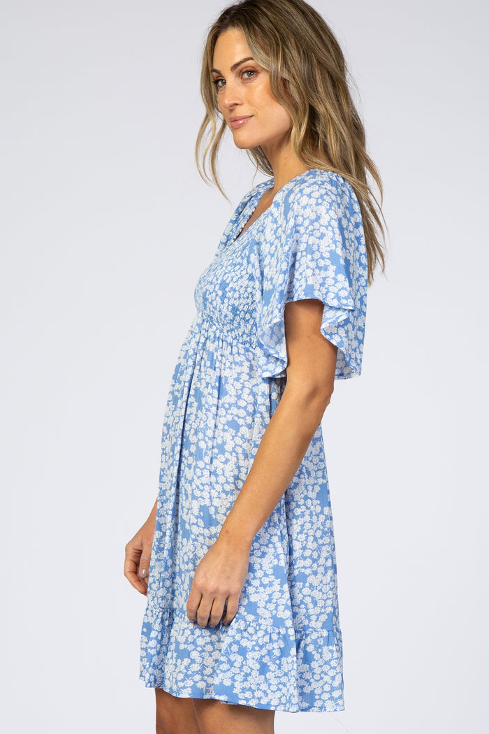 Blue Floral Smocked Ruffle Dress
