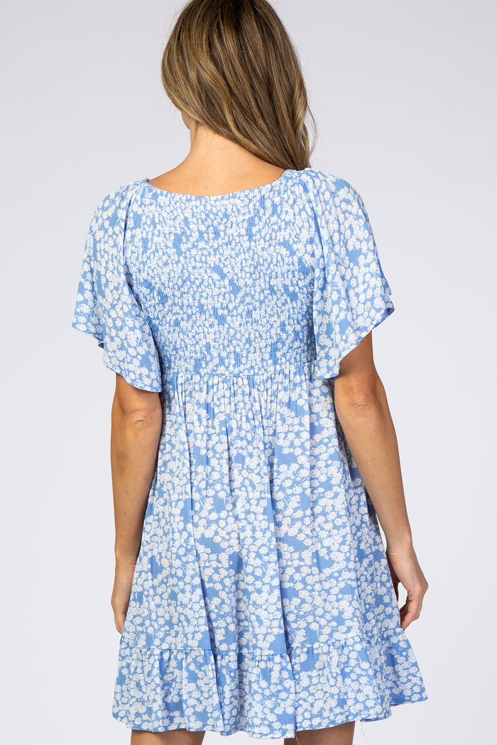 Blue Floral Smocked Ruffle Dress