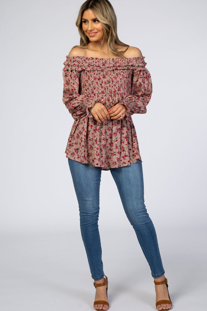 Mauve Floral Off Shoulder Long Sleeve Top