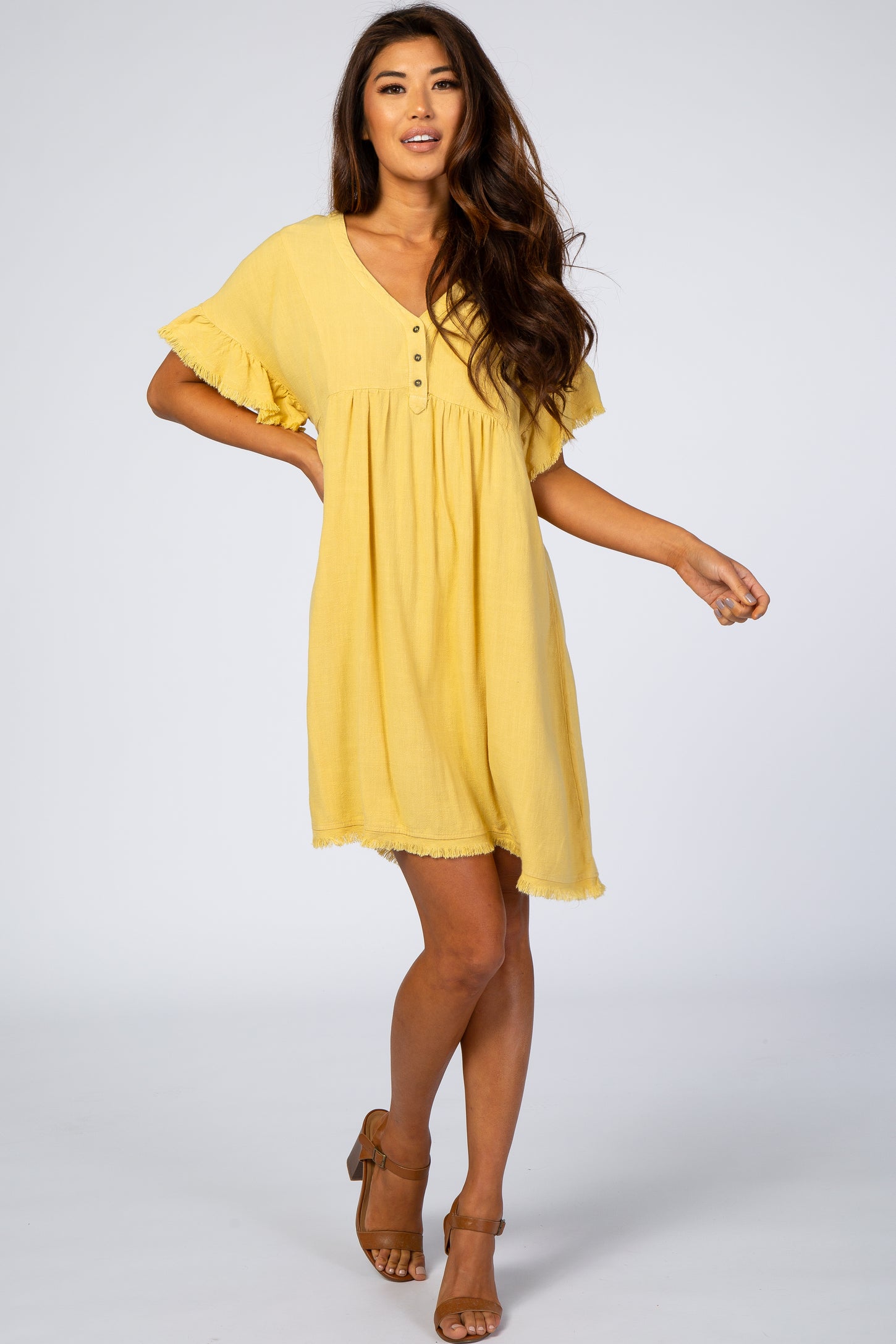 Yellow Linen Fringe Trim Babydoll Dress PinkBlush Yellow Linen Fringe Trim Babydoll Dress PinkBlush