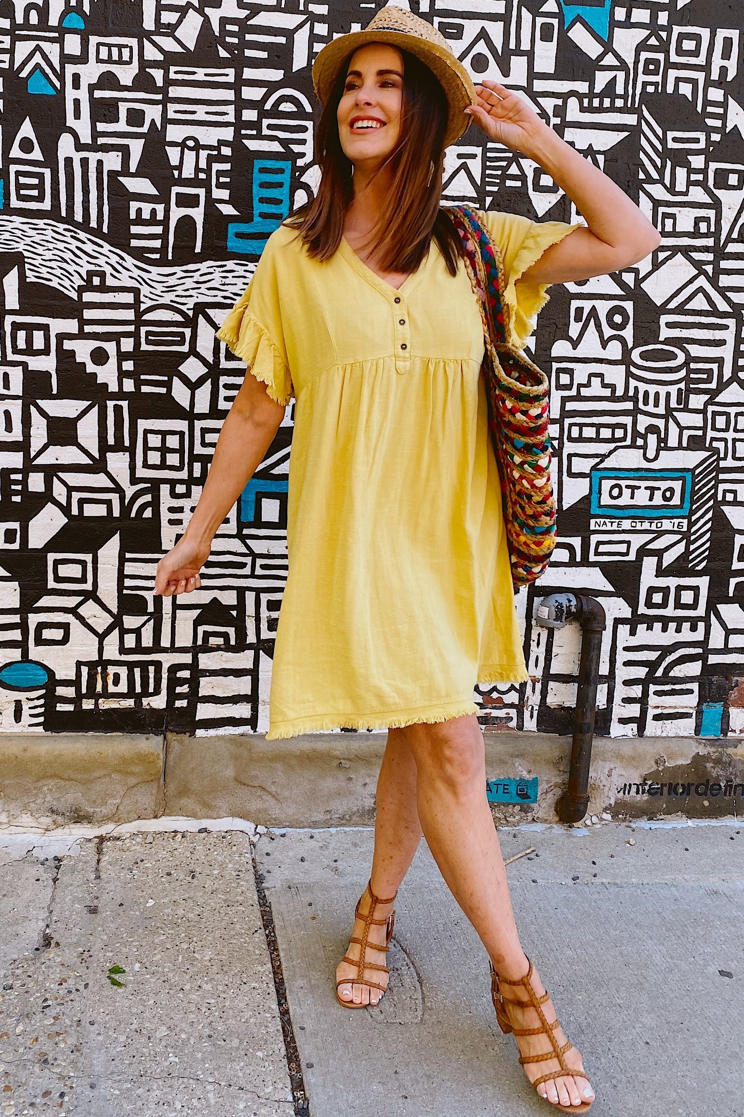 Yellow Linen Fringe Trim Babydoll Dress Yellow Linen Fringe Trim Babydoll Dress