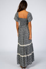 Black Floral Square Neck Smocked Front Lace Trim Maxi Dress
