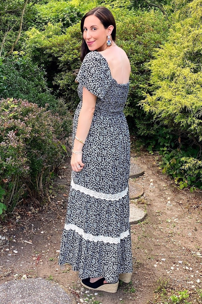 Black Floral Square Neck Smocked Front Lace Trim Maxi Dress