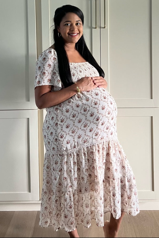 Ivory Floral Chiffon Smocked Front Lace Trim Maternity Midi Dress