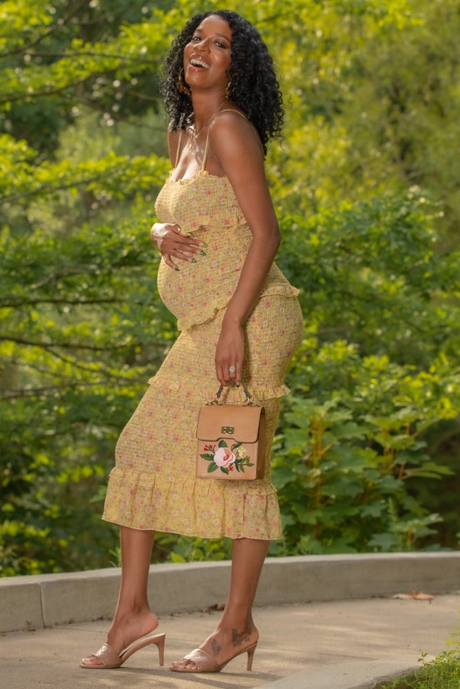 Yellow Floral Chiffon Smocked Fitted Maternity Midi Dress PinkBlush Yellow Floral Chiffon Smocked Fitted Maternity Midi Dress PinkBlush