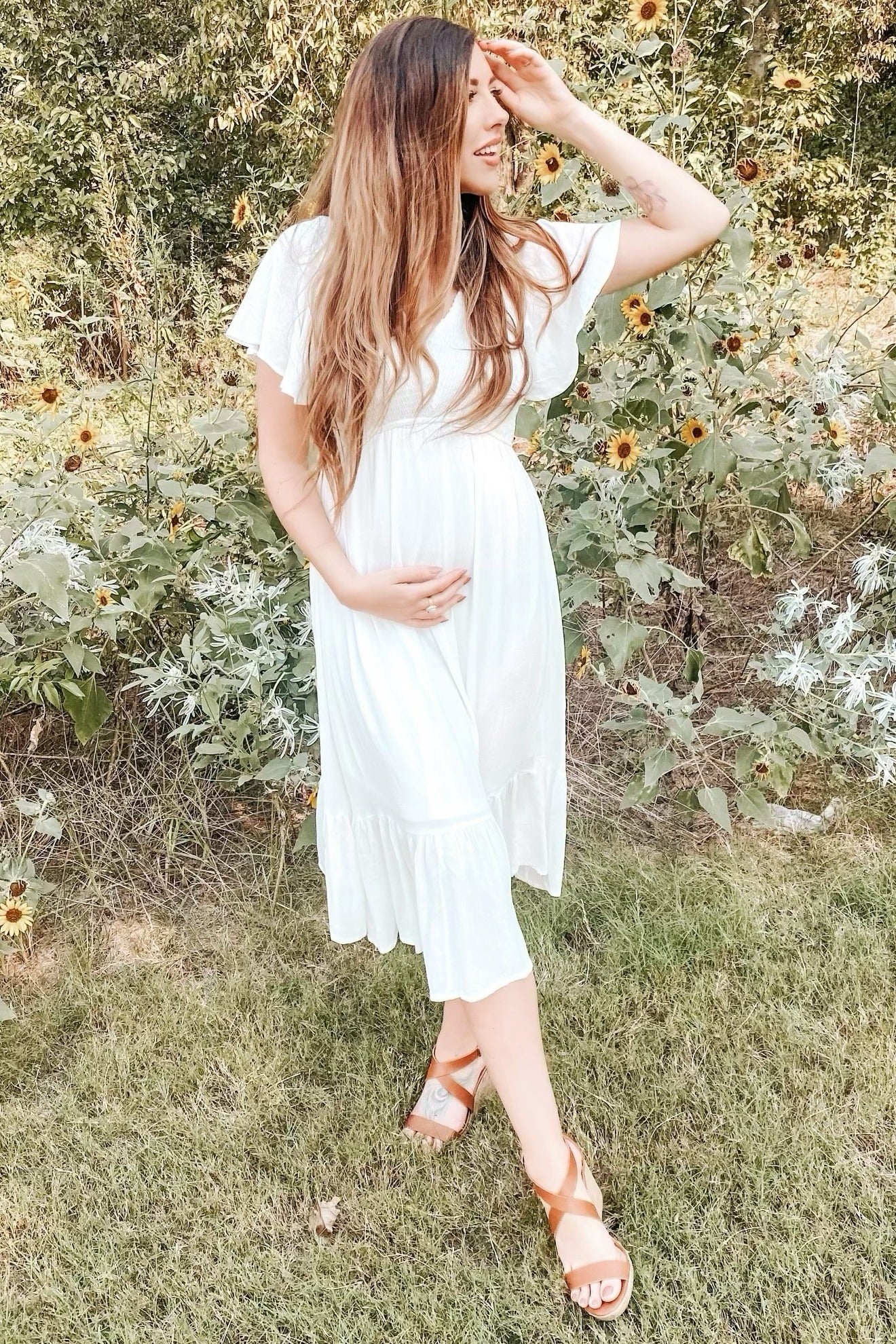 Ivory Smocked V-Neck Maternity Midi Dress