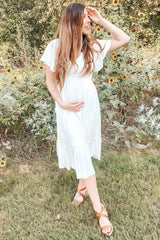 Ivory Smocked V-Neck Maternity Midi Dress