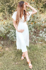 Ivory Smocked V-Neck Maternity Midi Dress