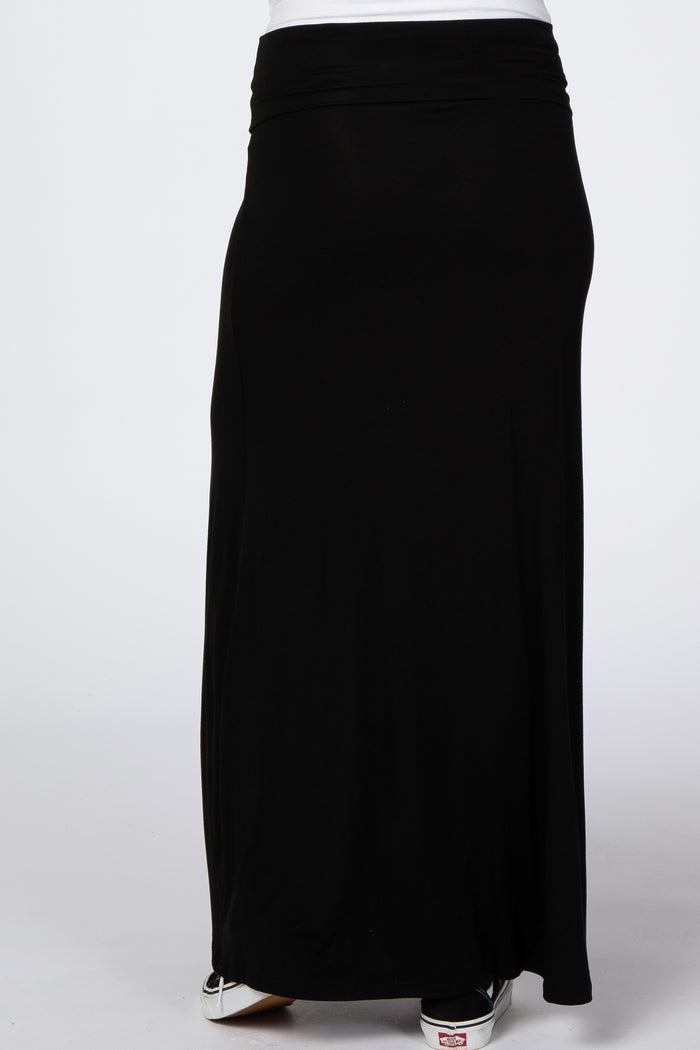 Black Foldover Side Slit Maternity Maxi Skirt