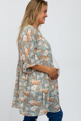 Blue Floral Ruffle Hem Maternity Plus Cover Up