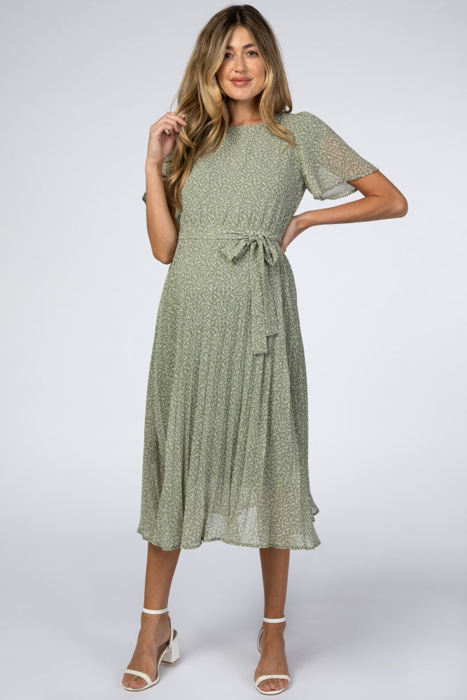 PinkBlush Light Olive Leaf Print Pleated Maternity Midi Dress Large