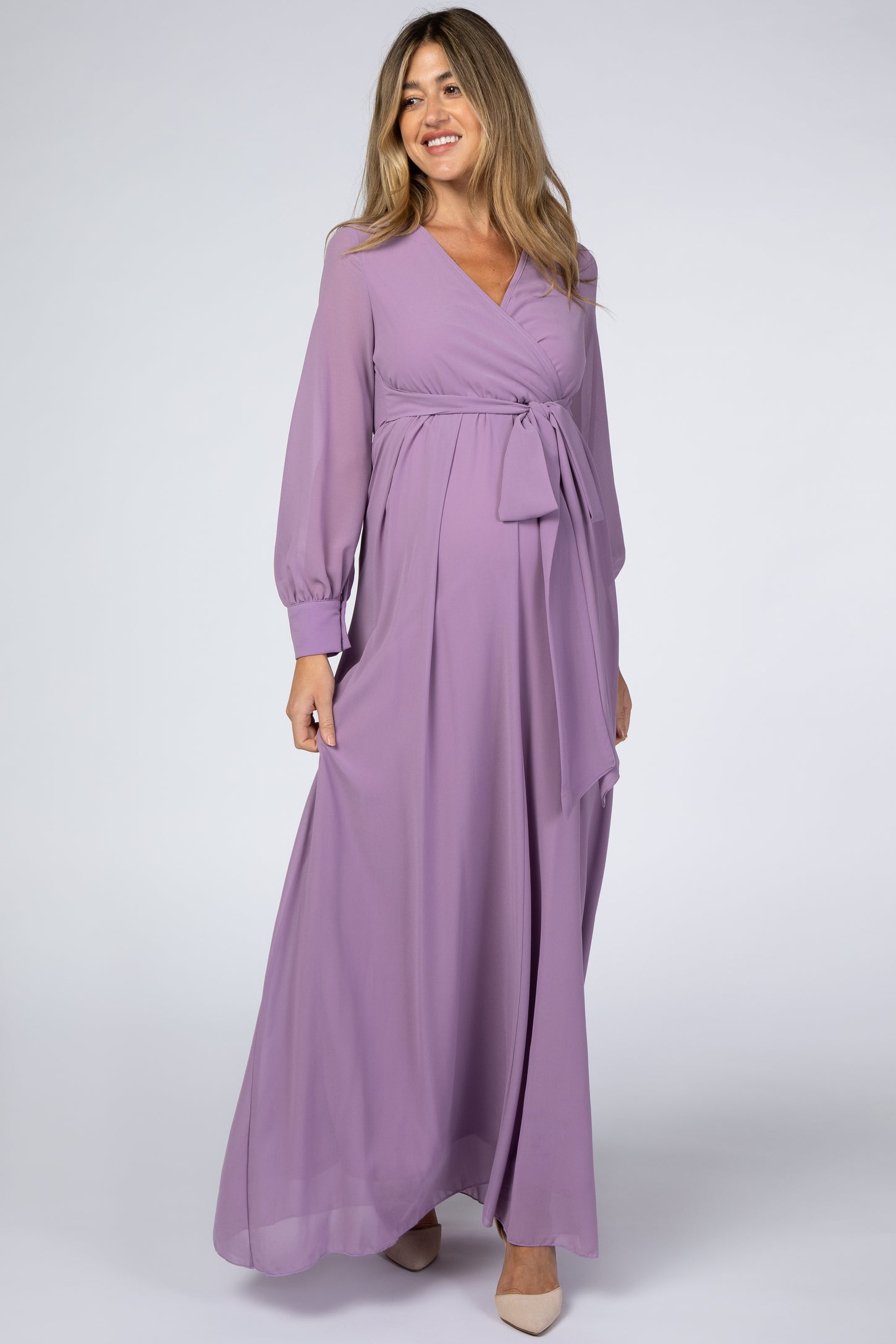 chiffon long sleeve pleated maternity maxi dress Pinkblush Light Pink Chiffon Long Sleeve Pleated Plus Maternity Maxi Dress 1X