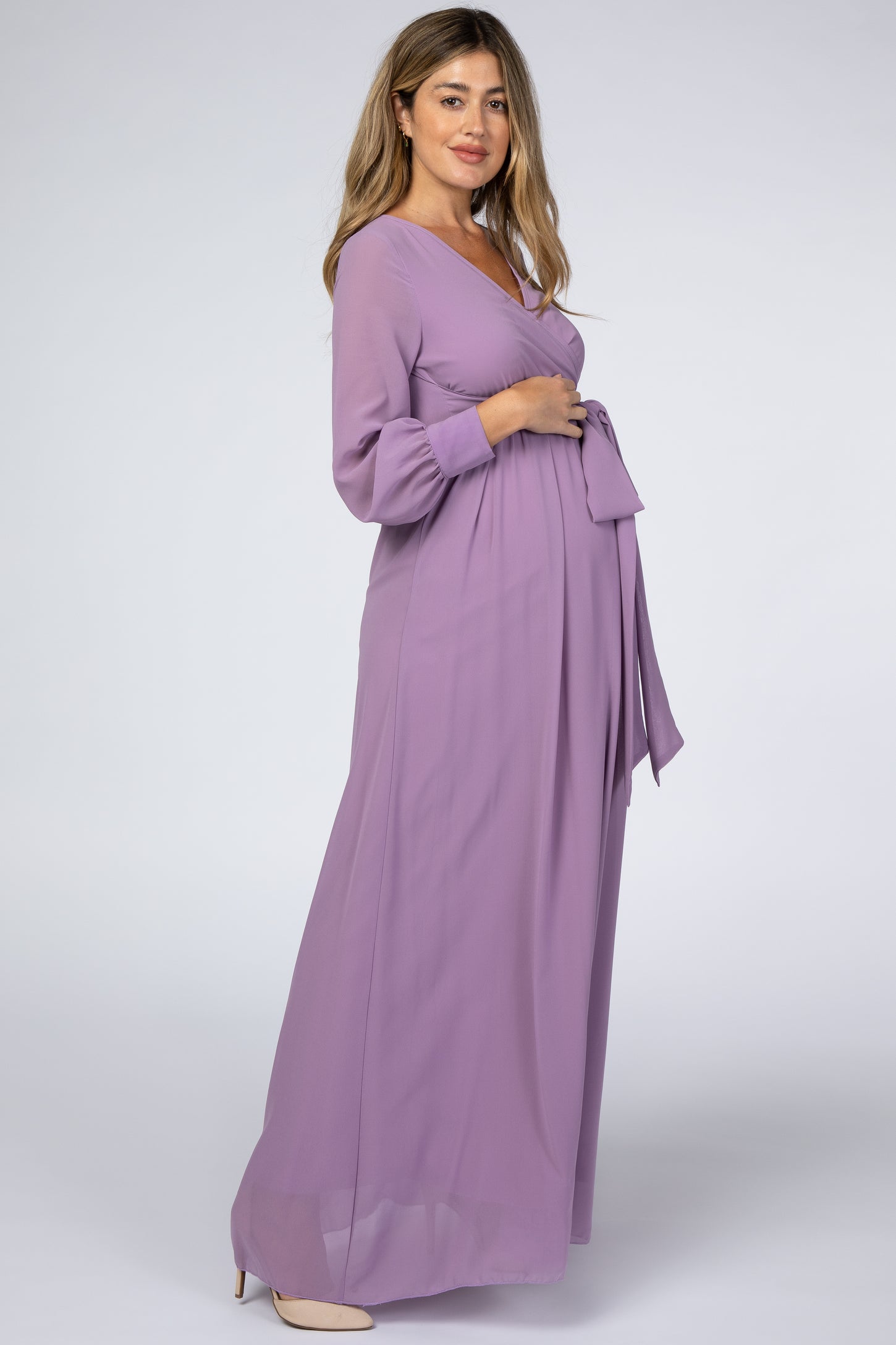 Violet Chiffon Long Sleeve Pleated Maternity Maxi Dress PinkBlush Violet Chiffon Long Sleeve Pleated Maternity Maxi Dress PinkBlush