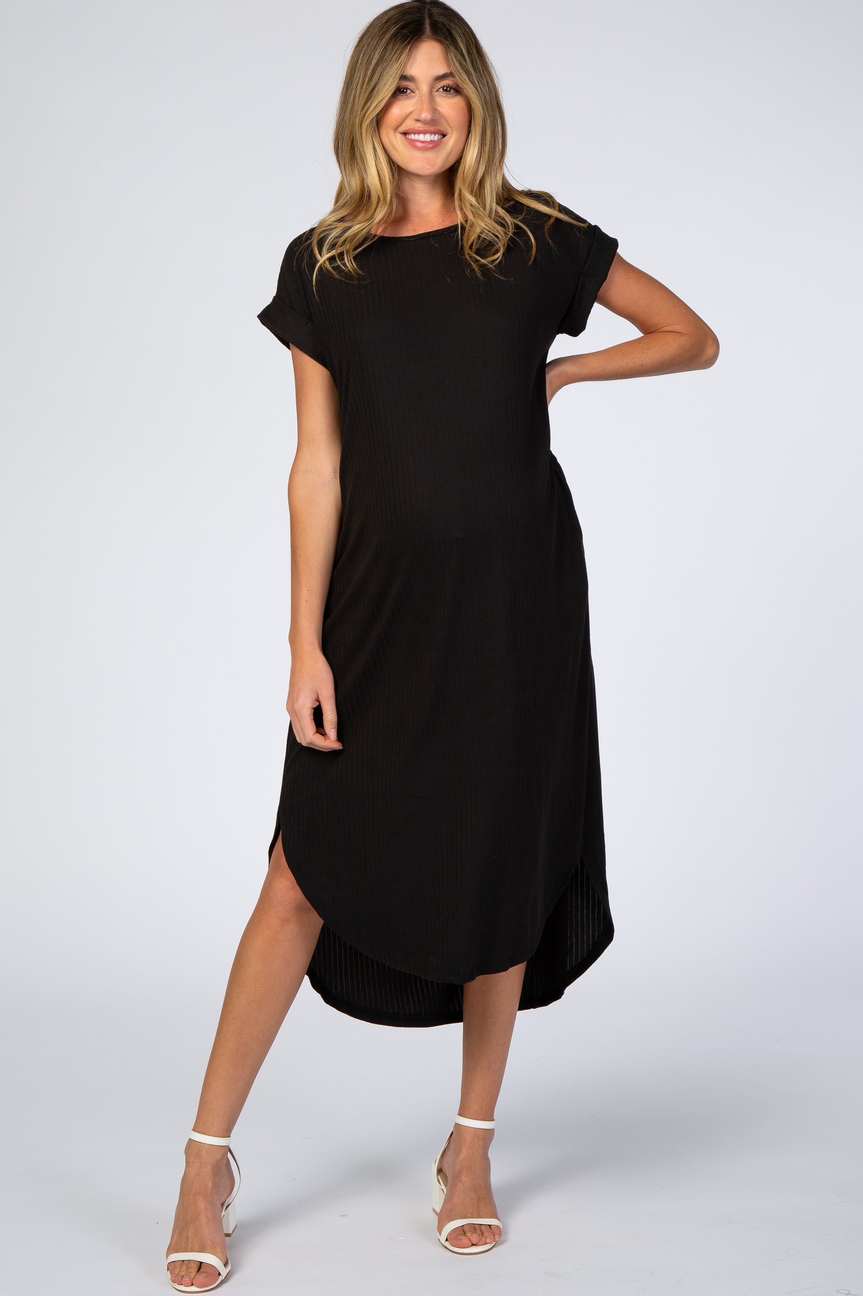 Pinkblush Black Ribbed Curved Hem Maternity Midi Dress Large
