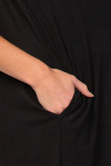 Black Ribbed Curved Hem Maternity Midi Dress