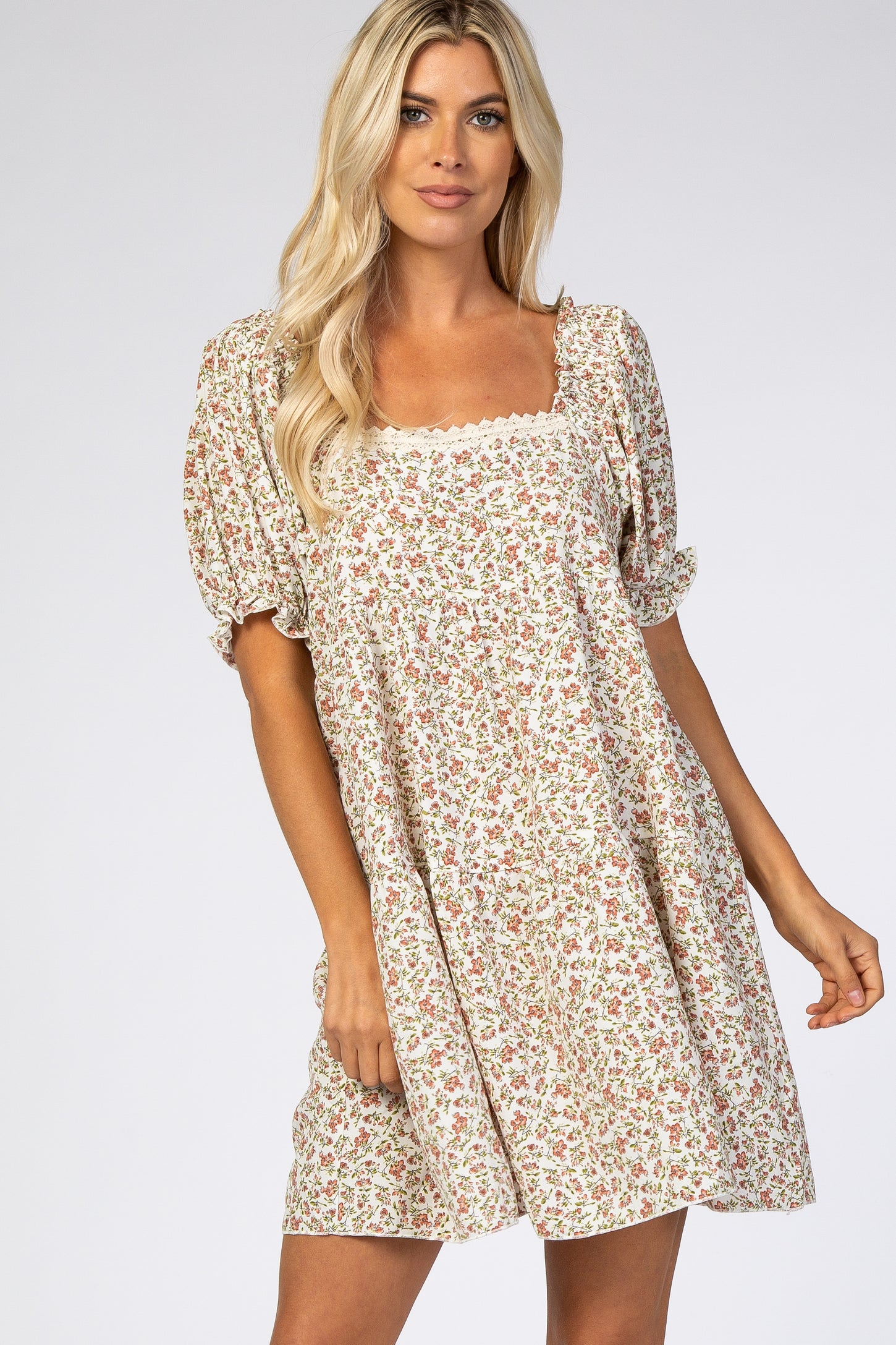 Cream Floral Lace Trim Square Neck Dress