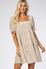 Cream Floral Lace Trim Square Neck Dress