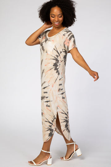 Cream Tie Dye Curved Hem Dress