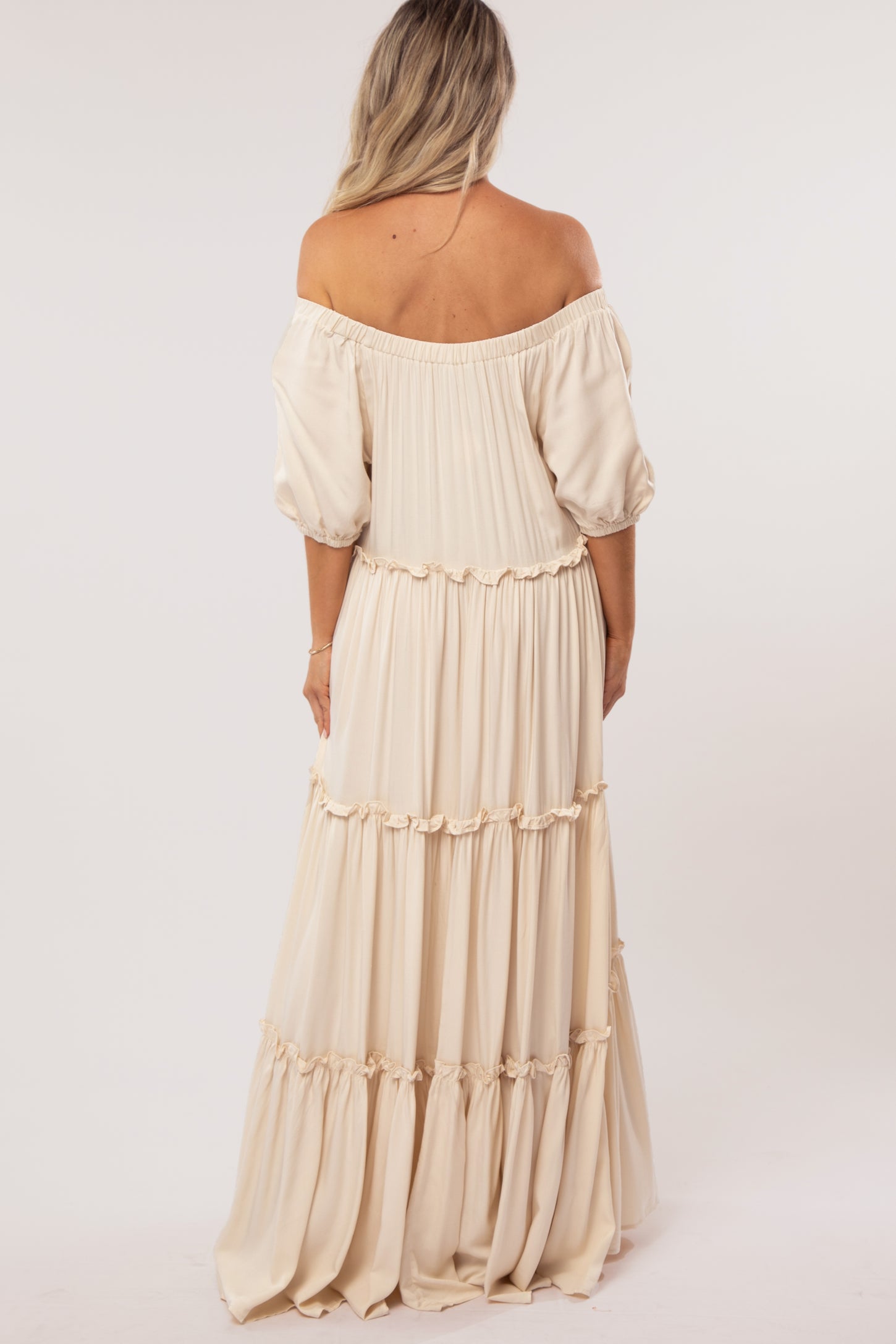 PinkBlush Cream Off Shoulder Ruffle Tiered Maternity Maxi Dress Small PinkBlush Cream Off Shoulder Ruffle Tiered Maternity Maxi Dress Small
