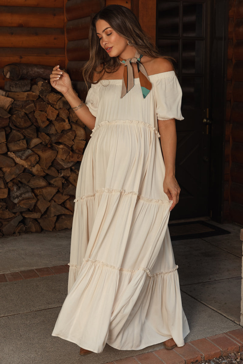 cream winter garden ruffle maxi dress PinkBlush Cream Off Shoulder Ruffle Tiered Maternity Maxi Dress Small