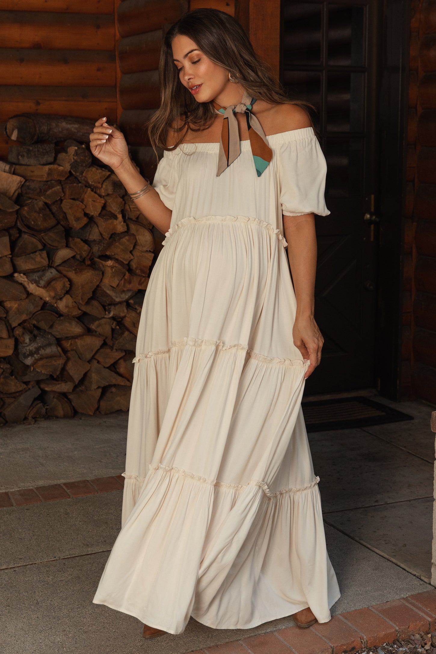 Pinkblush Cream Off Shoulder Ruffle Tiered Maternity Maxi Dress Small Pinkblush Cream Off Shoulder Ruffle Tiered Maternity Maxi Dress Small