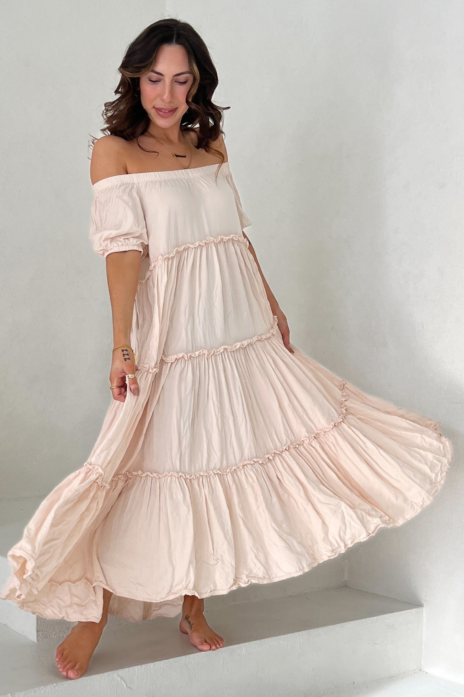 PinkBlush Cream Off Shoulder Ruffle Tiered Maternity Maxi Dress Small
