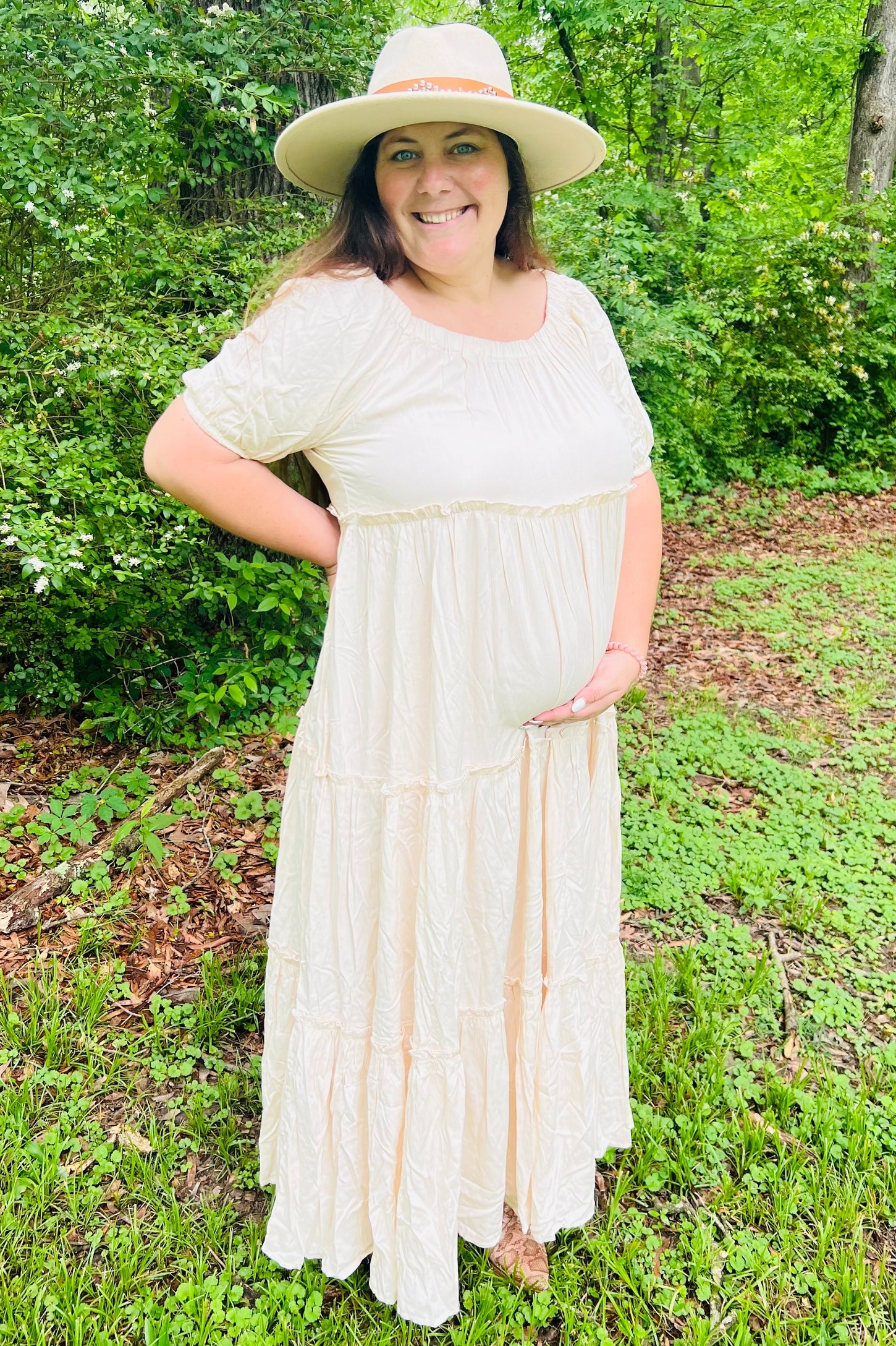 Cream Off Shoulder Ruffle Tiered Maternity Maxi Dress PinkBlush Cream Off Shoulder Ruffle Tiered Maternity Maxi Dress PinkBlush