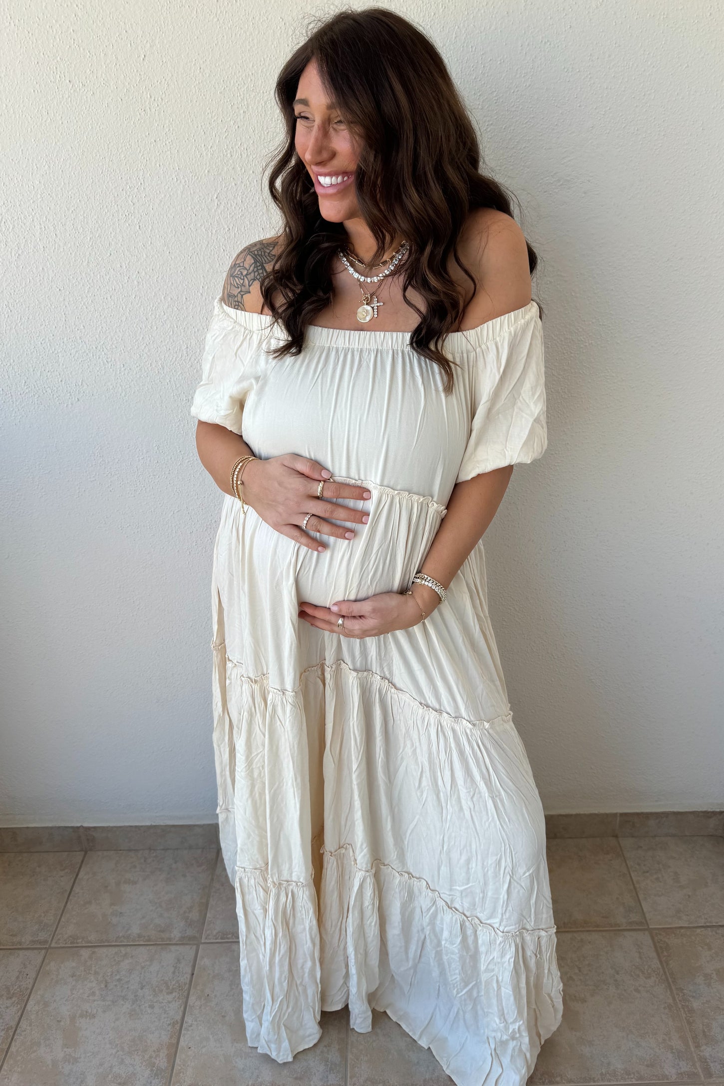 Cream Off Shoulder Ruffle Tiered Maternity Maxi Dress PinkBlush Cream Off Shoulder Ruffle Tiered Maternity Maxi Dress PinkBlush