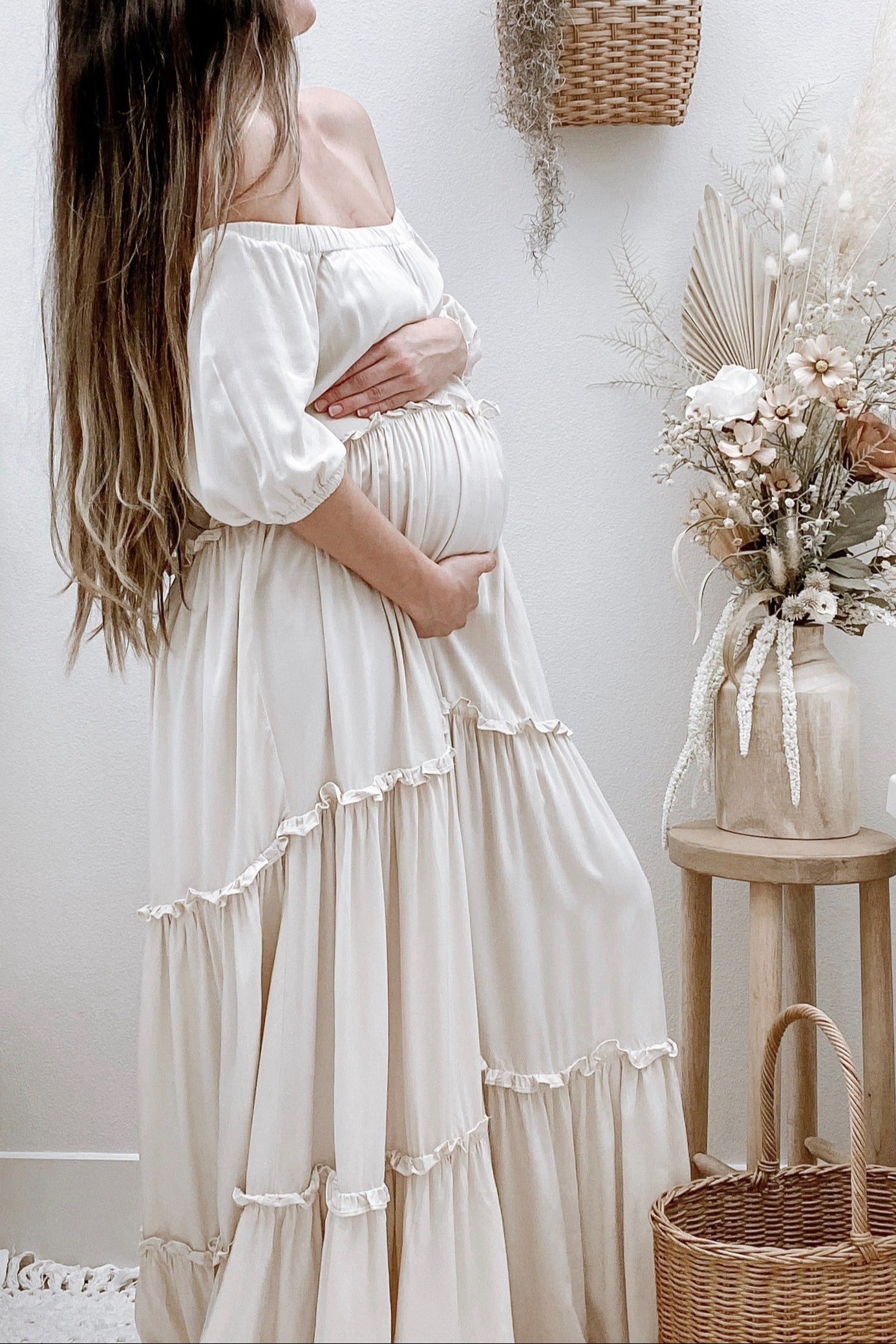 Pinkblush Cream Off Shoulder Ruffle Tiered Maternity Maxi Dress Small Pinkblush Cream Off Shoulder Ruffle Tiered Maternity Maxi Dress Small